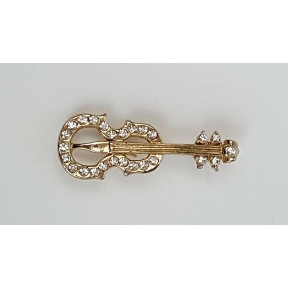 Violin Pin Gold Tone Rhinestone Jewels Orchestra Music Lover Brooch Lapel Pin - Picture 6 of 10